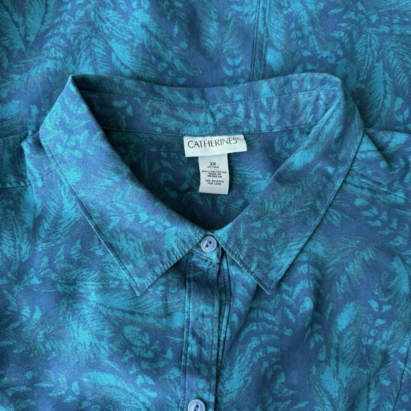 Catherines Teal Floral Faux Suede Tops Shirt Plus Size 2X Long Sleeve Blouse - Picture 3 of 4